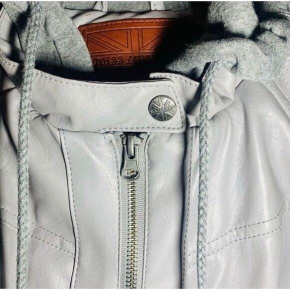 Gray Faux Leather Knit Hoodie Jacket Zip-Up Bomber Style Streetwear Size Small - Picture 4 of 8